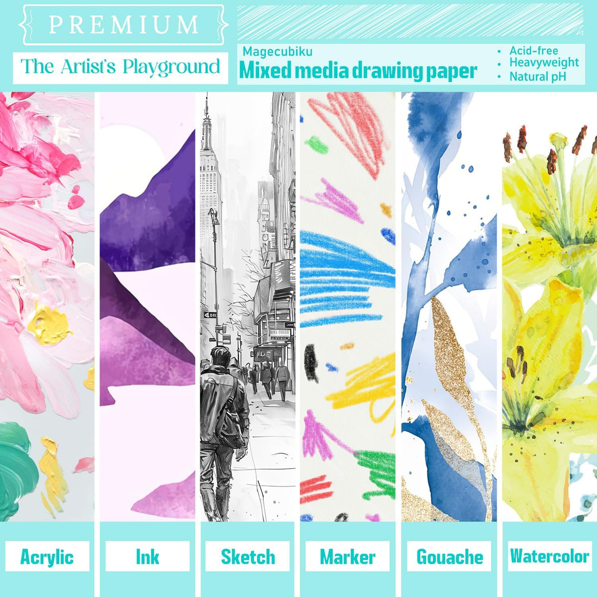 Mixed Media Paper 60 Sheets, 9 X 12 Inches 140 LB/300 GSM Heavyweight Cotton Paper Smooth/Medium Rough Texture Art Paper for Watercolor, Gouache, Marker, Painting, Drawing, Sketching