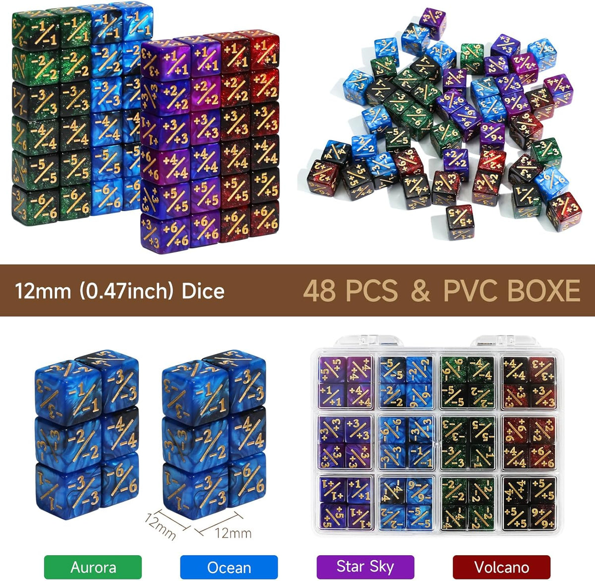 48PCS 12mm Life Counters MTG Dice Set with Box, Small MTG Tokens 6 Sided Plus 1 Mini Dice Set for CCG Creature Stats TCG Magic Card Game Accessories