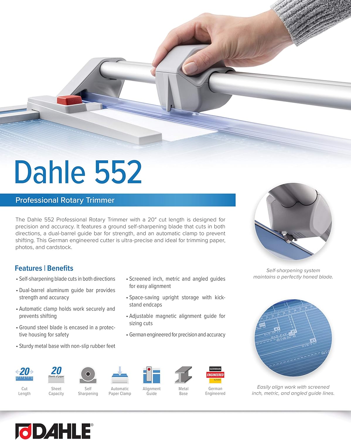 Dahle 552 Professional Rotary Trimmer, 20" Cut Length, 20 Sheet Capacity, Self-Sharpening, Dual Guide Bar, Automatic Clamp, German Engineered Paper Cutter