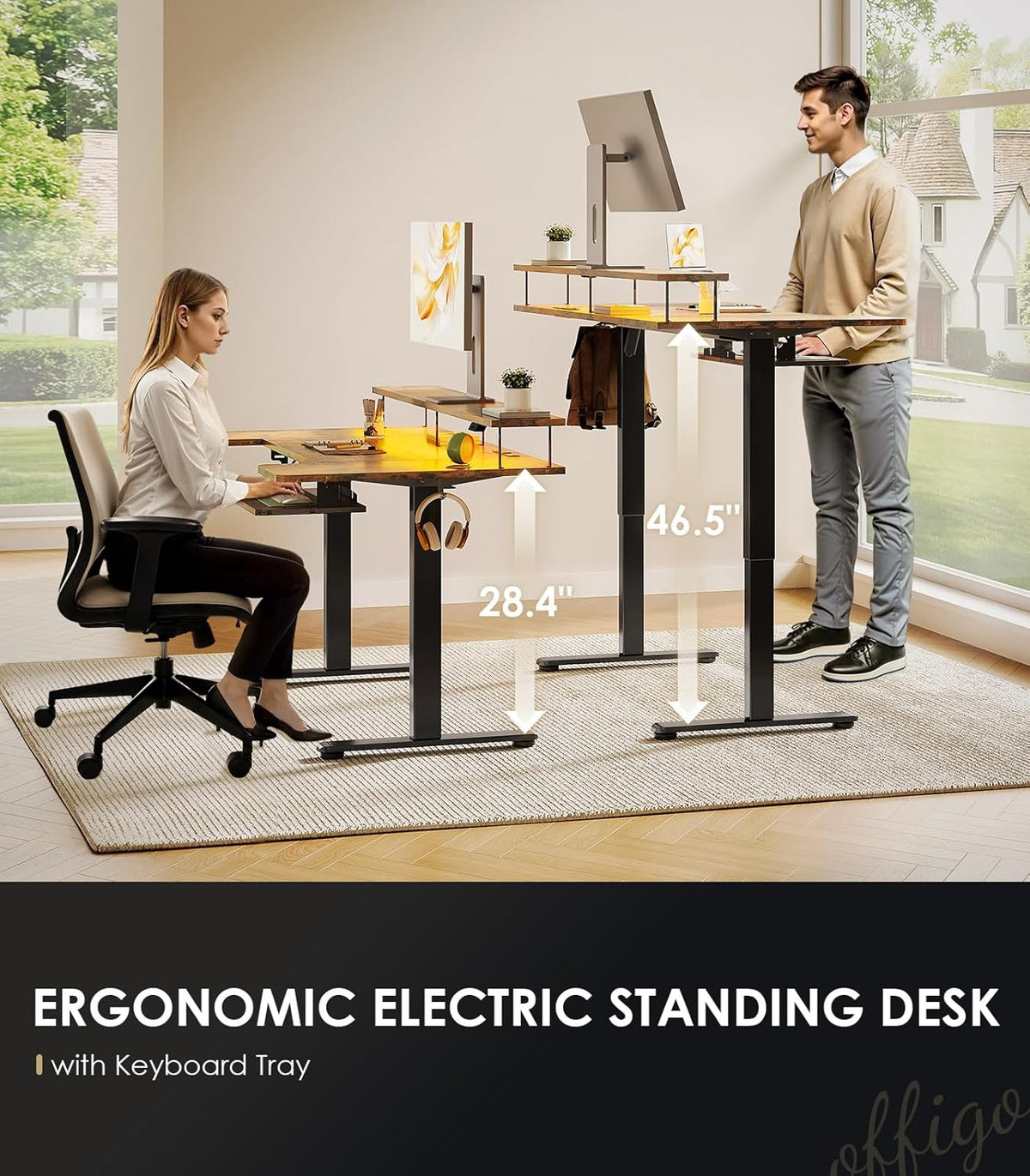 OffiGo U Shaped Electric Standing Desk with Keyboard Tray, 55 Inch Height Adjustable Desk with Power Outlets & LED Lights, Sit Stand Table with Monitor Stand for Home, Office, Rustic Brown