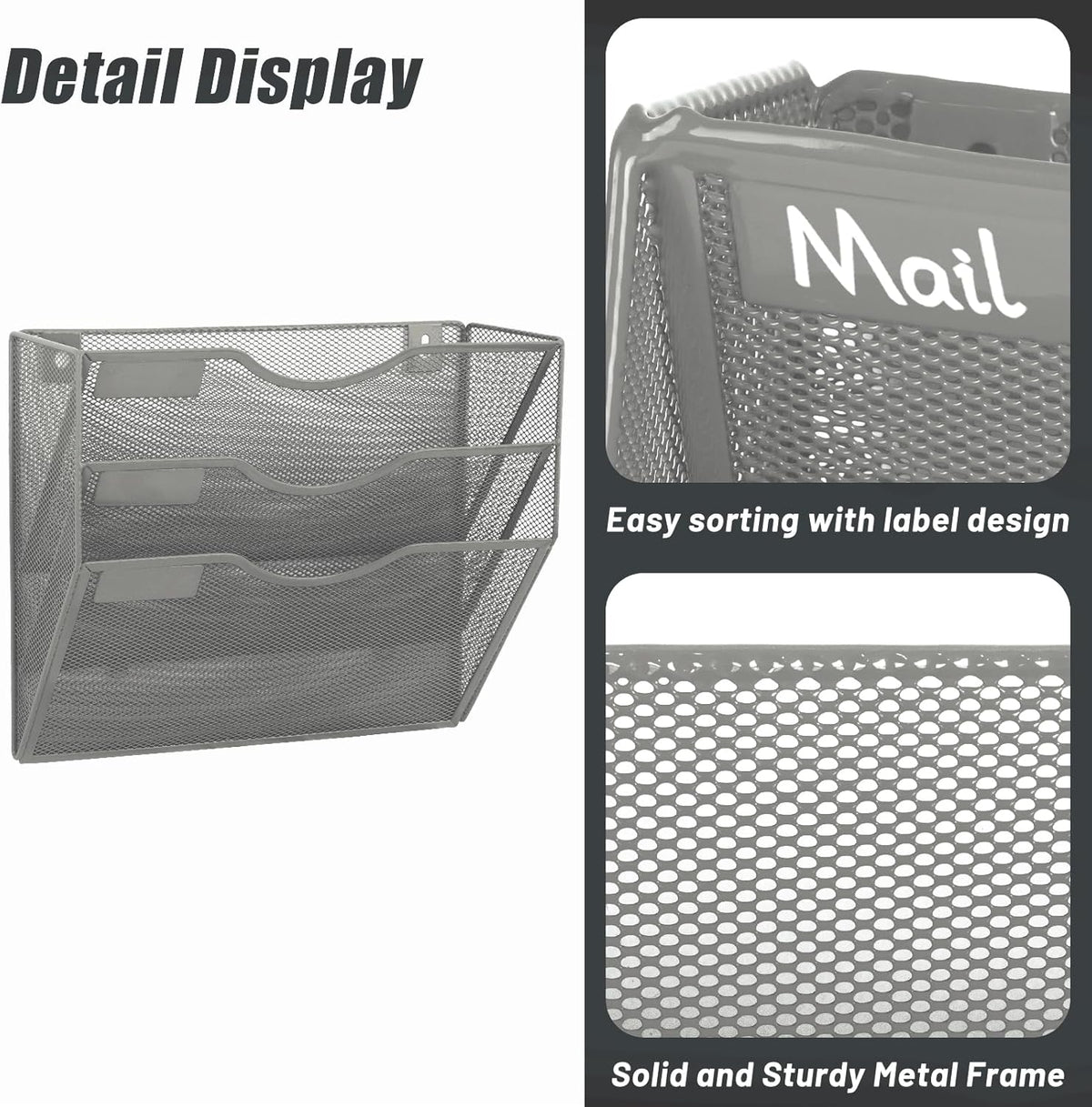 EASEPRES 3 Pocket Mesh Hanging Wall File Organizer, Wall Mounted Mail Paper Document Folder Holder, Clipboard Storage Organization Magazine Rack with Nametag Label for Office Home School, Gray