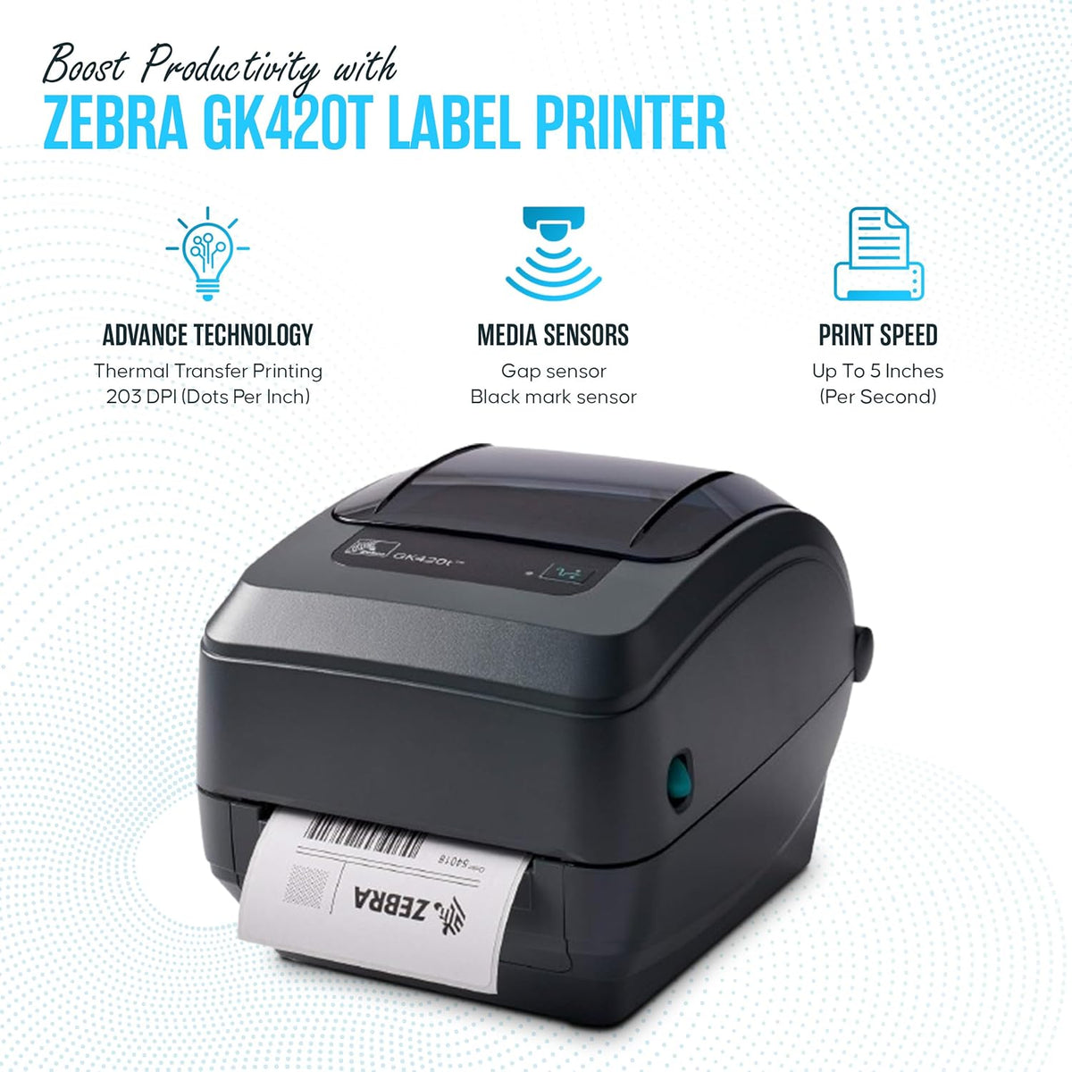 GK420T Zebra Thermal Transfer Monochrome Desktop Printer for Labels, Receipts, Barcodes, Tags, and Wrist Bands - with USB, Ethernet Port Connectivity & Microfiber Cleaning Cloth
