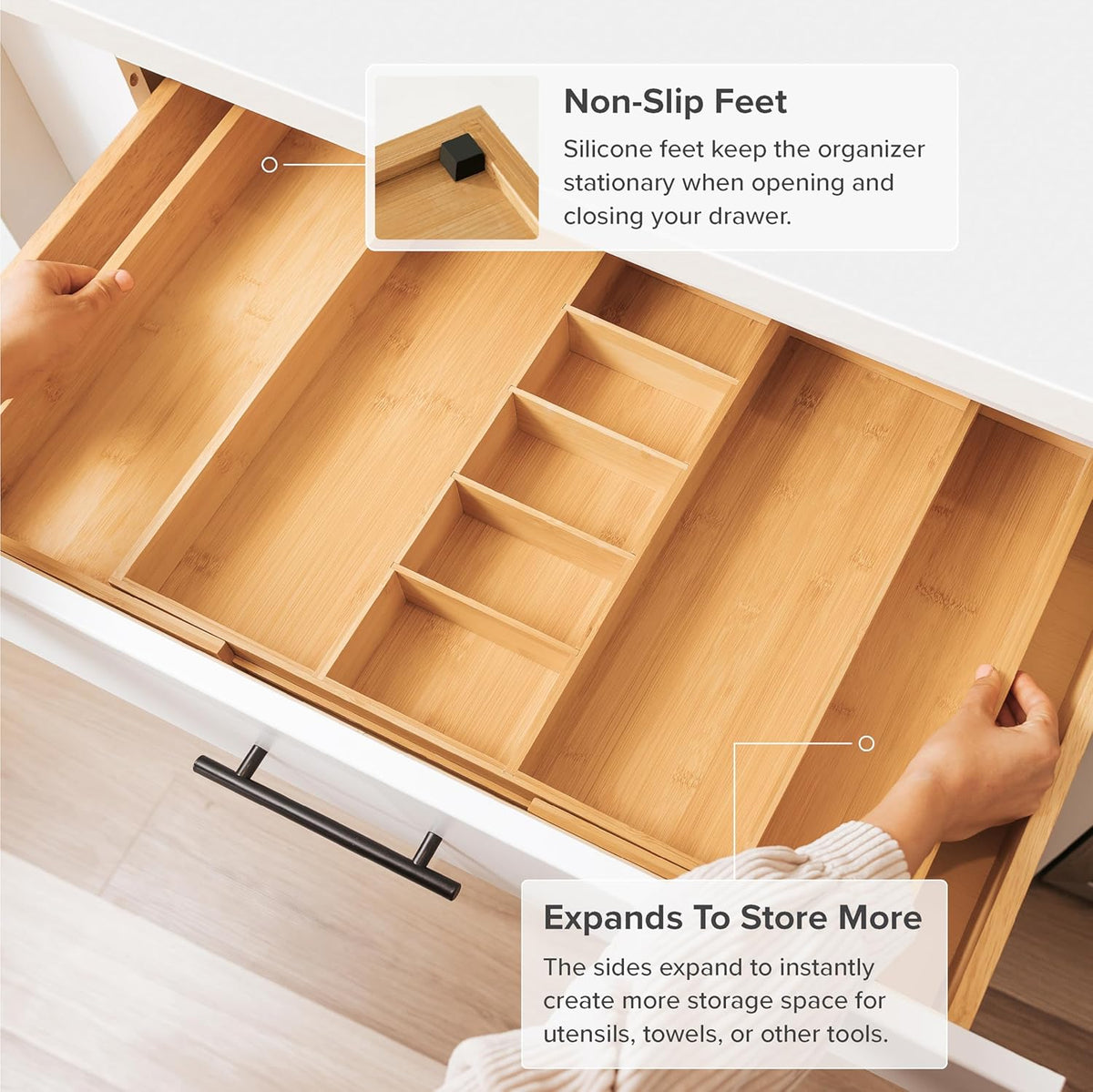 Adjustable Kitchen Drawer Organizer for Utensils and Junk, Food-Safe Contract Grade with 100% Sustainable Wood, Expandable from 19 to 33 Inches Wide - Natural Bamboo
