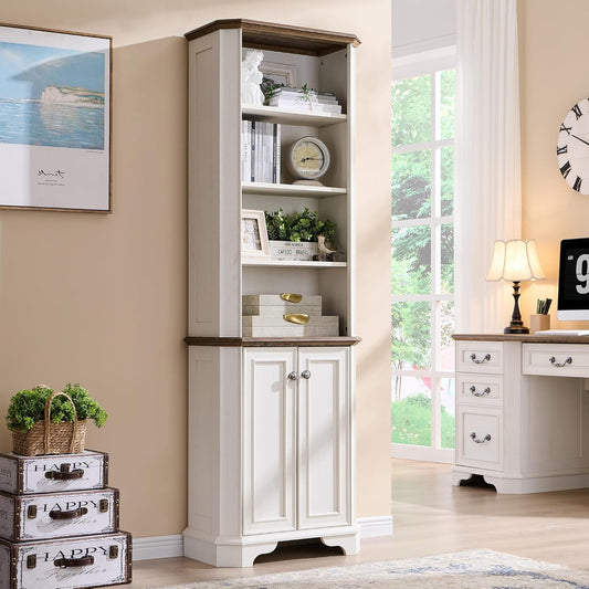 T4TREAM 6-Tier Bookshelf with Storage, 72" Tall Farmhouse Bookcase with Doors and Adjustable Shelves, Wooden Floor Standing Display Book Shelf Organizer for Home Office, Antique White