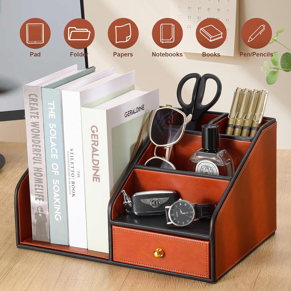 KINGFOM PU Leather Desk Organizer, Multifunction 6 Compartment Desk Organizers and Accessories for Office Supplies, Pen Pencil Holder/Book Mail Organizer Holder for Desk with Drawer (Brown)