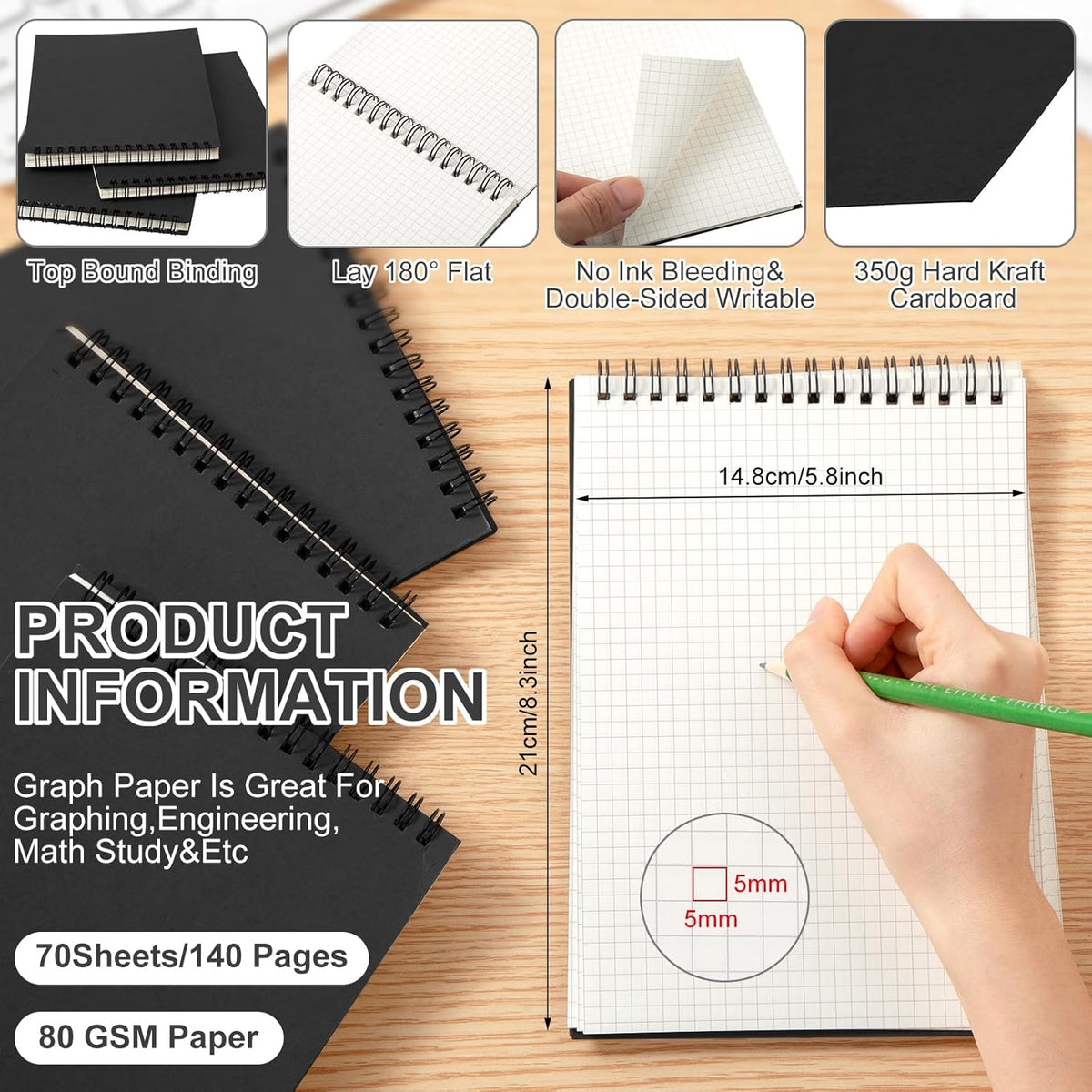 48 Pack Graph Paper Spiral Notepad A5 Top Wirebound Notepad Grid Notebook Steno Pads Memo Notebook Grid Paper 140 Pages for Writing Sketching Drawing Office Supplies (Black)