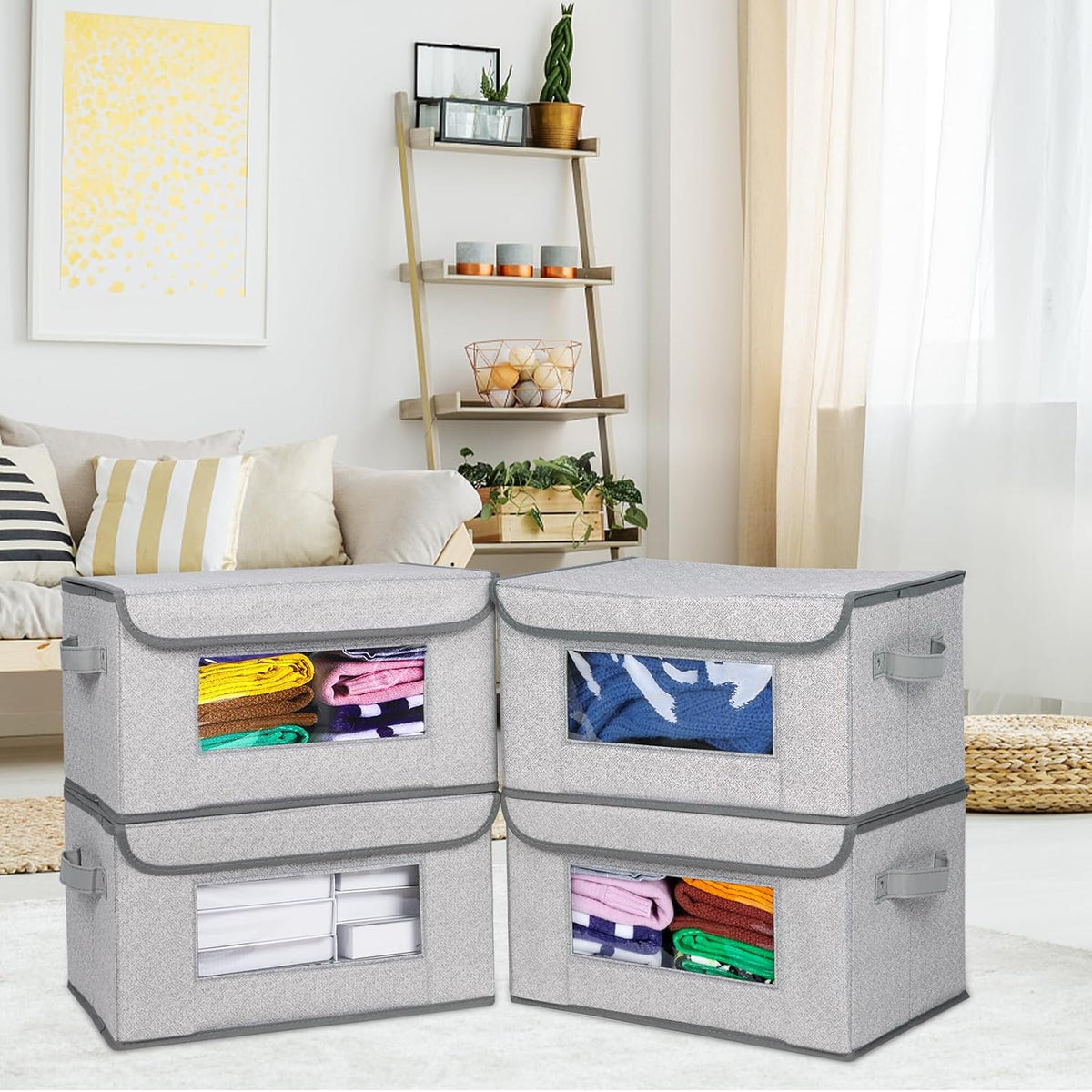 Univivi [4-Pack Fabric Storage Boxes Collapsible Storage Bins with Lids and Handles Cube Organizer Basket for Home, Closet, Bedroom (Gray, 14.4''x10''x8.3'')