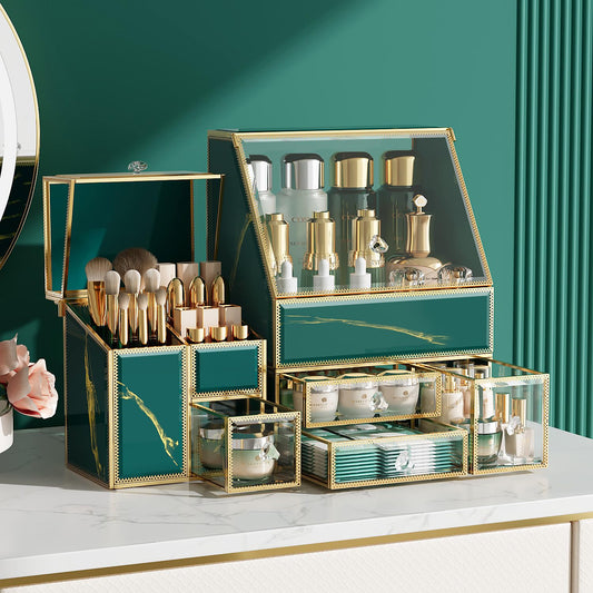 Makeup Organizer Green– Large Vanity Organizer for Skincare, Lipsticks, Perfume & Brushes – Countertop Cosmetic Storage Box for Women, Bathroom or Dresser.