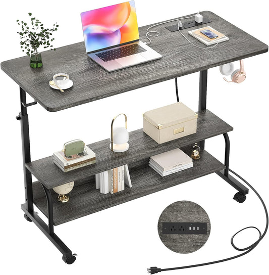 Height Adjustable Standing Desk with Power Outlets, 39" Manual Stand Up Desk with Storage Shelves Small Mobile Rolling Computer Desk Portable Laptop Table with Wheels for Home Office, Grey Oak