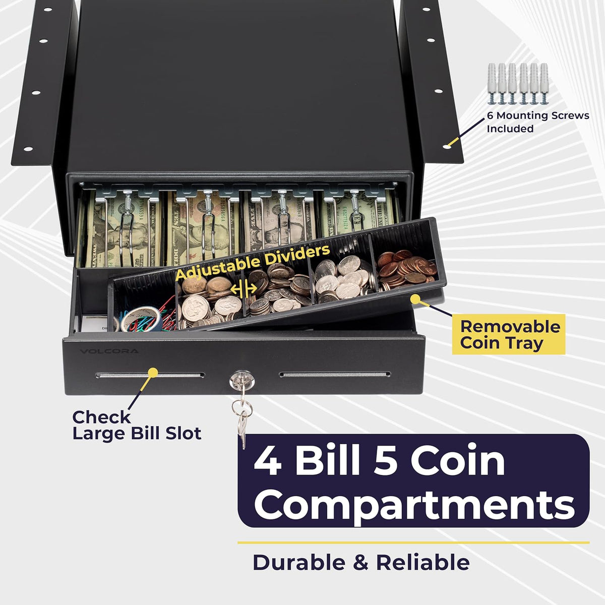 Volcora 13" Electronic Cash Register Drawer with Under Counter Mounting Metal Bracket - POS, 4 Bill 5 Coin Cash Tray, Removable Coin Compartment, 24V RJ11/RJ12 Key-Lock, Media Slot, Black