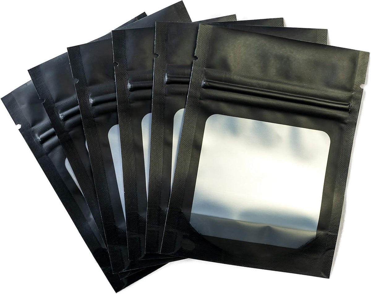 HANSER | Smell Proof Odorless Mylar Resealable Foil Pouch Bags with clear Window | Stand up bottom | Airtight | matte black | 100 Pieces | 3x4 inches