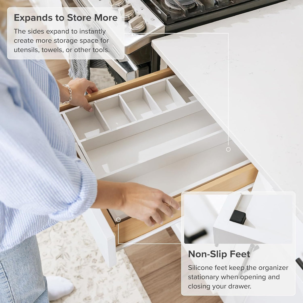 Adjustable Kitchen Drawer Organizer for Utensils and Junk, Food-Safe Contract Grade with 100% Sustainable Wood, Expandable from 10.5 to 19 Inches Wide - White Bamboo