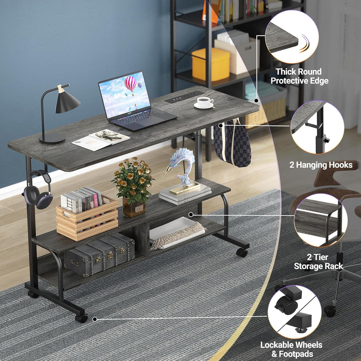 Height Adjustable Standing Desk with Power Outlets, 47" Manual Stand Up Desk with Storage Shelves Small Mobile Rolling Computer Desk Portable Laptop Table with Wheels for Home Office, Grey Oak
