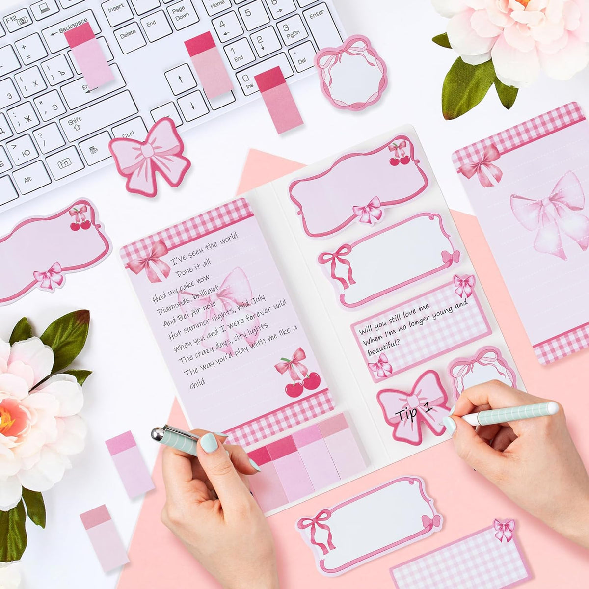 Xqumoi Coquette Pink Bow Sticky Notes Set - I’m Just A Girl Self-Stick Note Pads Bowknot Notepads Writing Memo Pad Page Marker Bookmarker Preppy Girly Stuff Back to School Office Supplies Gift