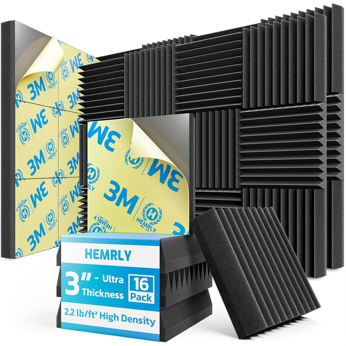 3" X 12" X 12" Sound Proof Foam Panels for Walls,Self-Adhesive Foam Acoustic Panels Sound Absorbing,2.2 lb/ft³ Density Soundproof Wall Panels for Gaming Studio Decor (16 Pack Black)