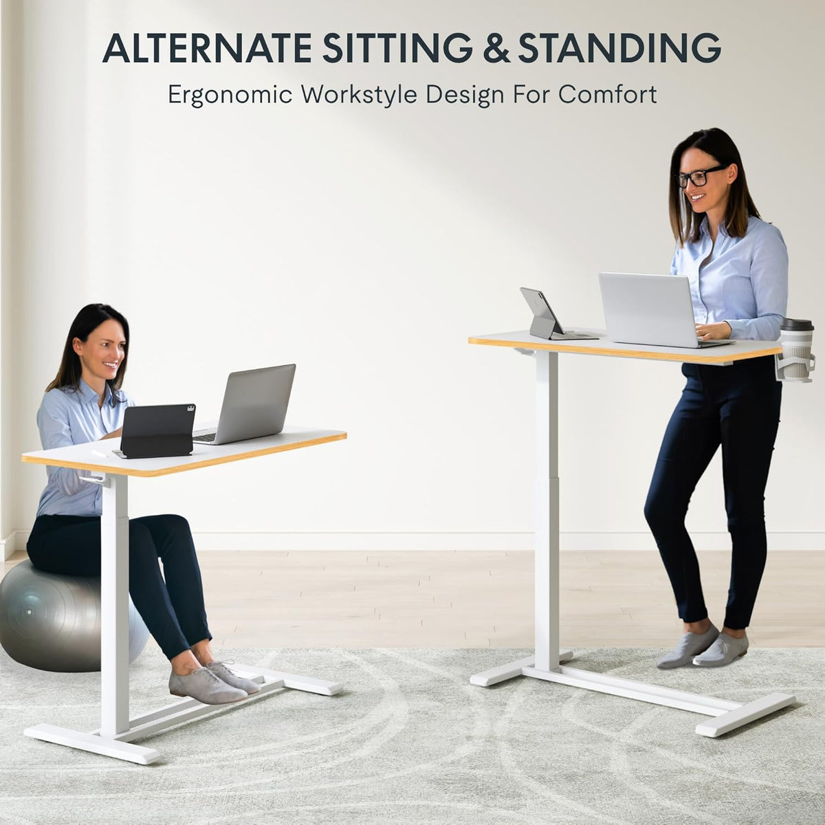 FLEXISPOT Mobile Standing Desk with Wheels Pneumatic Laptop Rolling Computer Cart Movable Height Adjustable Small Sit Stand Desk Computer Workstations Home Use（31.5" W x 17.7" D,White+Maple