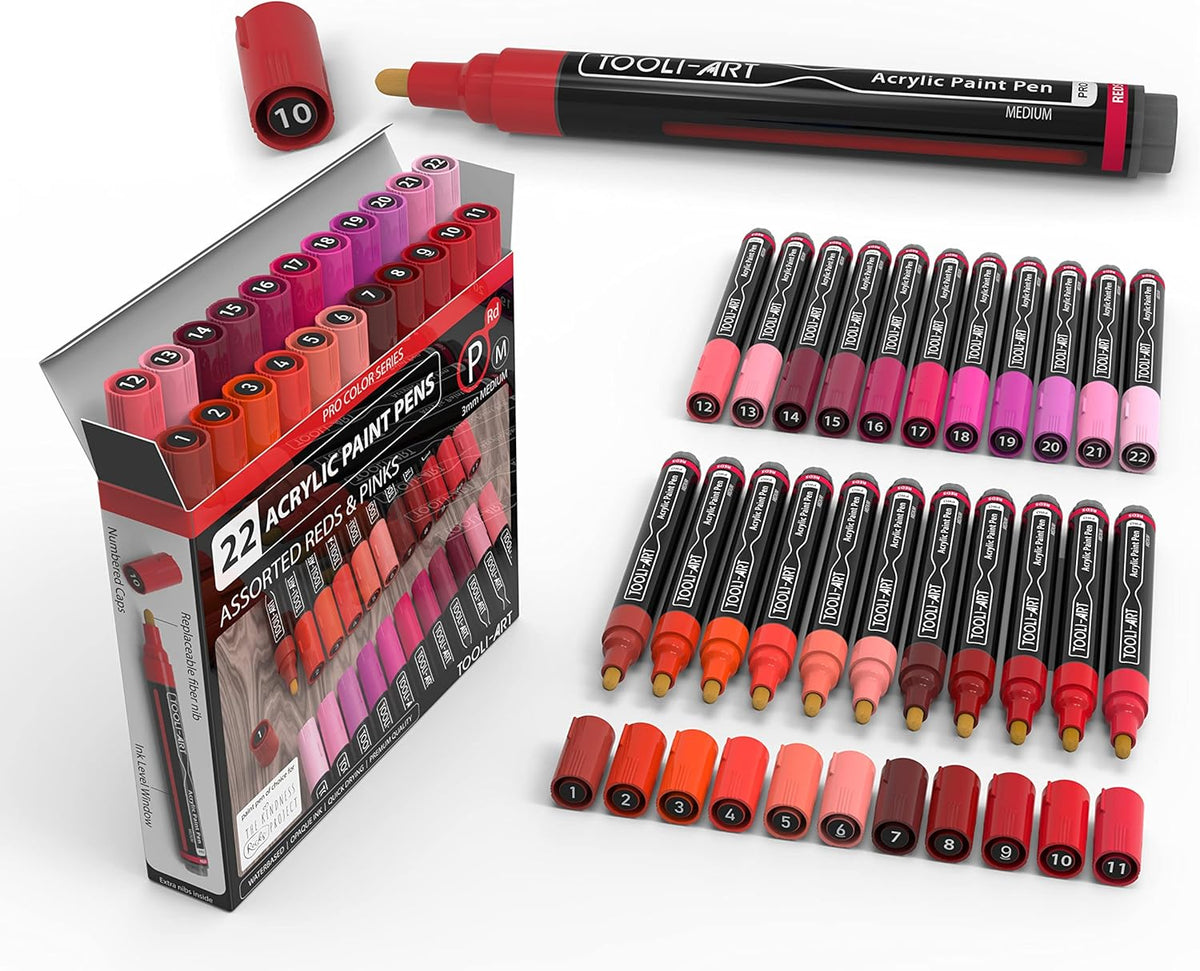 TOOLI-ART 22 Acrylic Paint Markers Paint Pens Pro Color Series Set 3mm Medium Tip for Rock Painting, Glass, Mugs, Wood, Metal, Glass Paint, Canvas, DIY. Non Toxic, Waterbased, Quick Drying (REDS)