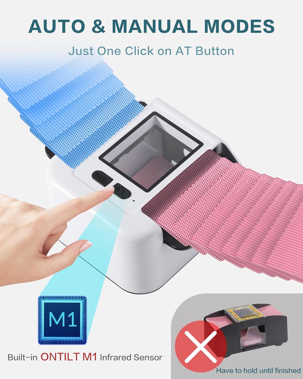 ONTILT M1 Automatic Card Shuffler with AUTO & Manual Mode, Low Noise, Rechargeable Built-in 200mAH Battery, Portable Electric Shuffling Machine for 1-2 Decks Poker, UNO, Blackjack, Skip-Bo, Phase 10