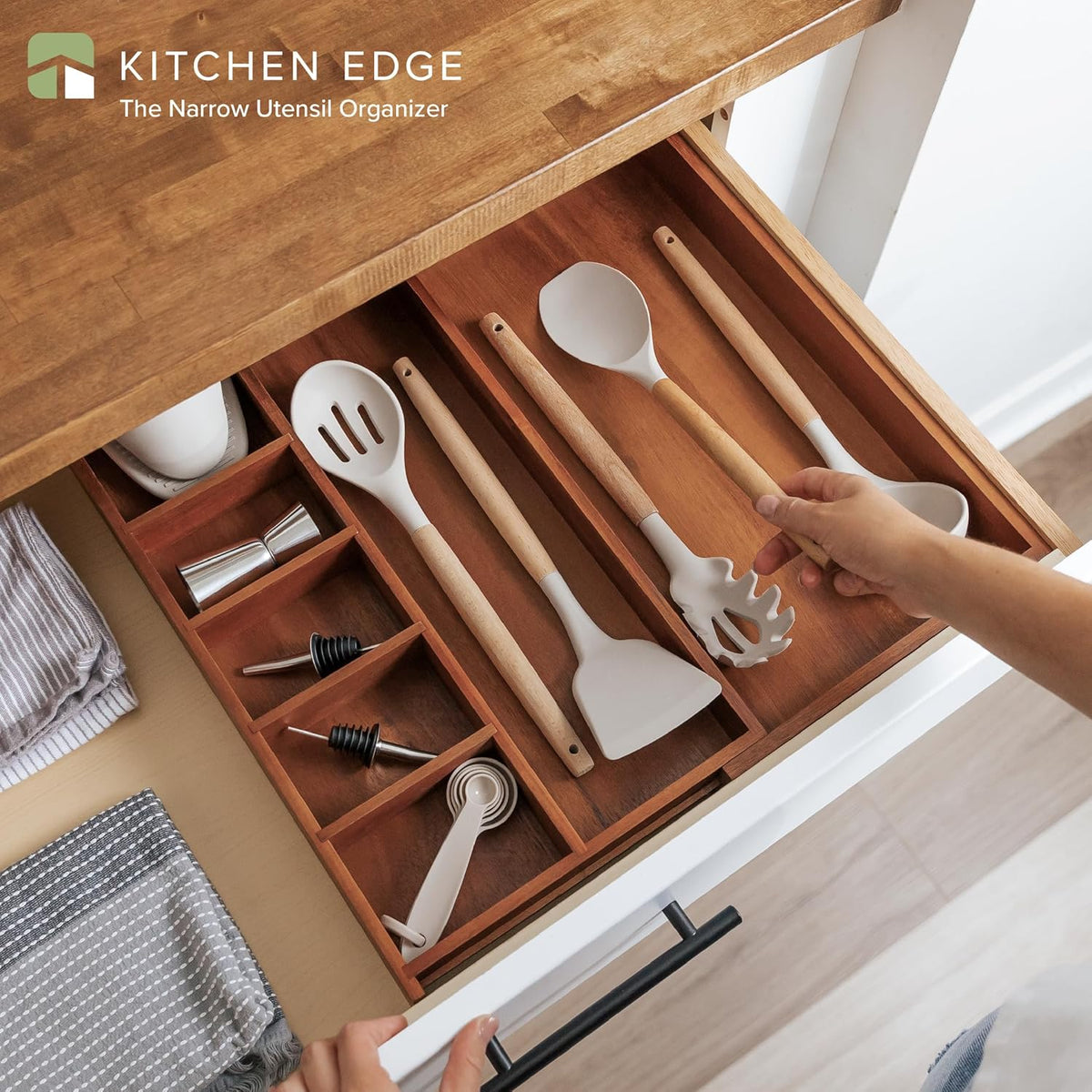 Adjustable Kitchen Drawer Organizer for Utensils and Junk, Food-Safe Contract Grade with 100% Sustainable Wood, Non-Slip, Expandable from 10.5 to 18.5 Inches Wide - Natural Acacia