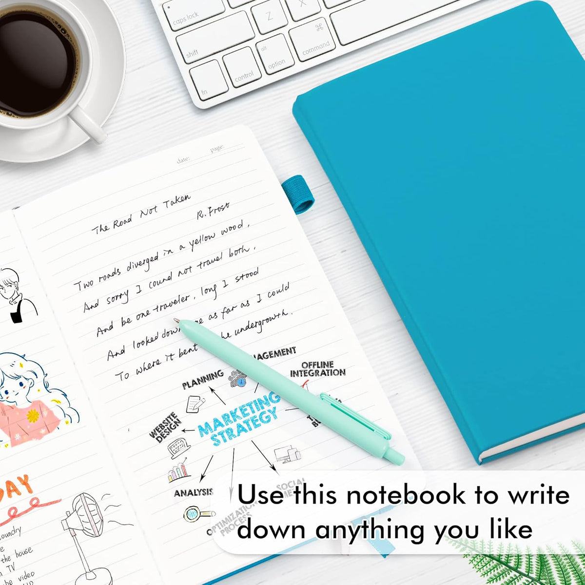 feela 12 Pack Notebooks Journals Bulk, Hardcover Notebook Classic Ruled Journal Set with Pen Holder for School Business Work Travel Writing, with 12 Black Pens, 120 GSM, 5.1”x8.3”, A5, Teal