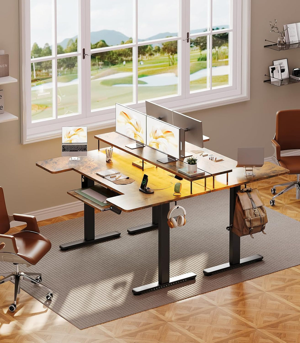 OffiGo U Shaped Electric Standing Desk with Keyboard Tray, 55 Inch Height Adjustable Desk with Power Outlets & LED Lights, Sit Stand Table with Monitor Stand for Home, Office, Rustic Brown