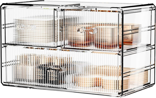 ZHIAI Stackable Storage Drawers, Acrylic Bathroom Counter Organizer Clear Makeup Organizers for Vanity, Kitchen Cabinets, Bathroom, Undersink, Home Organization and Storage (3 Drawers, Pattern A)