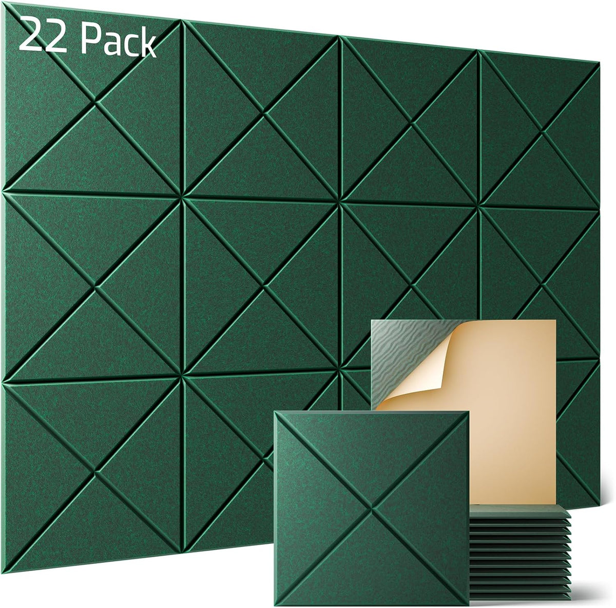 Sonicism 22 Pack X-Lined Acoustic Panels with Self-Adhesive, 12"X 12"X 0.4" Sound Proof Foam Panels, Decorative Soundproof Wall Panels, Sound Absorbing Tile for Home & Offices, Dark Green