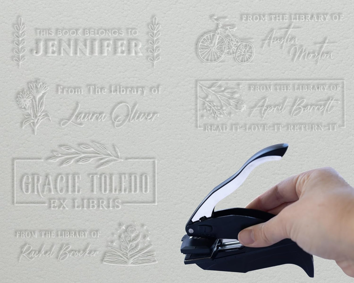 EXLIBRIS Custom Embosser Seal with Personalized Design, from The Library of Embosser, 2" x 1" Floral Book Embosser, Personalized Teacher Seal, 10+ Designs, Made with Your Name, Great Book Lover Gift