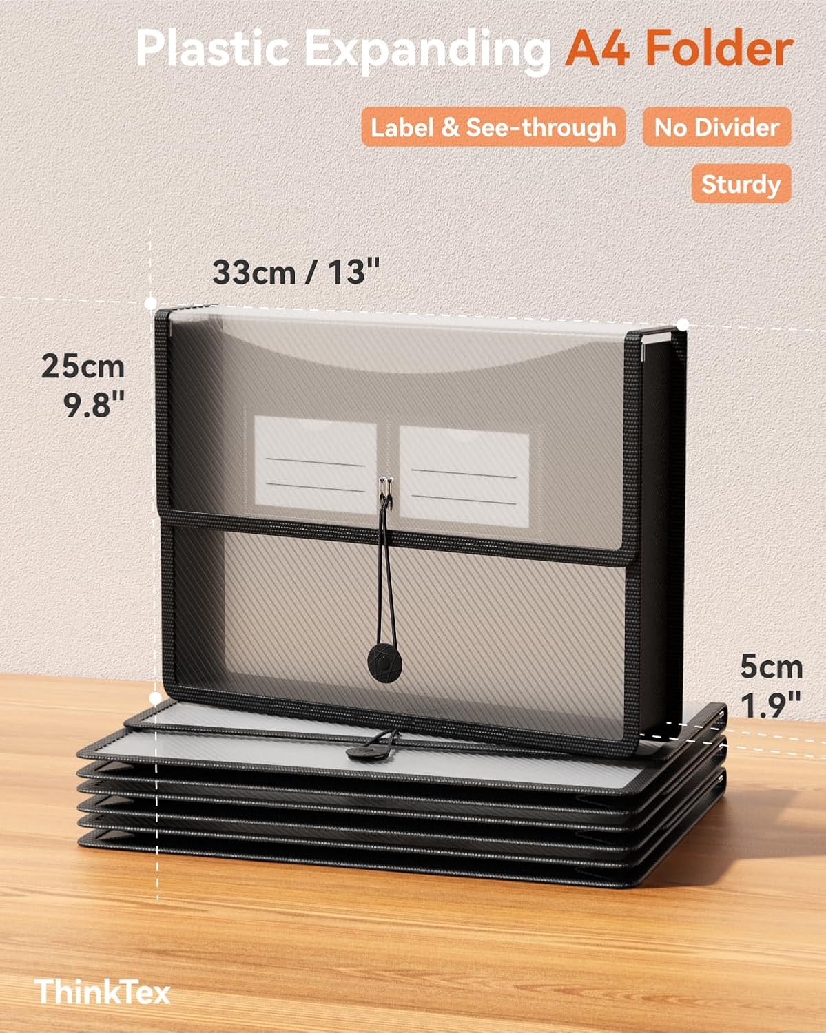 ThinkTex Plastic Expanding File Folder, Transparent envelopes with Elastic Closure, No Dividers, Large Capacity, Fit Letter/A4 Size - 3 Packs