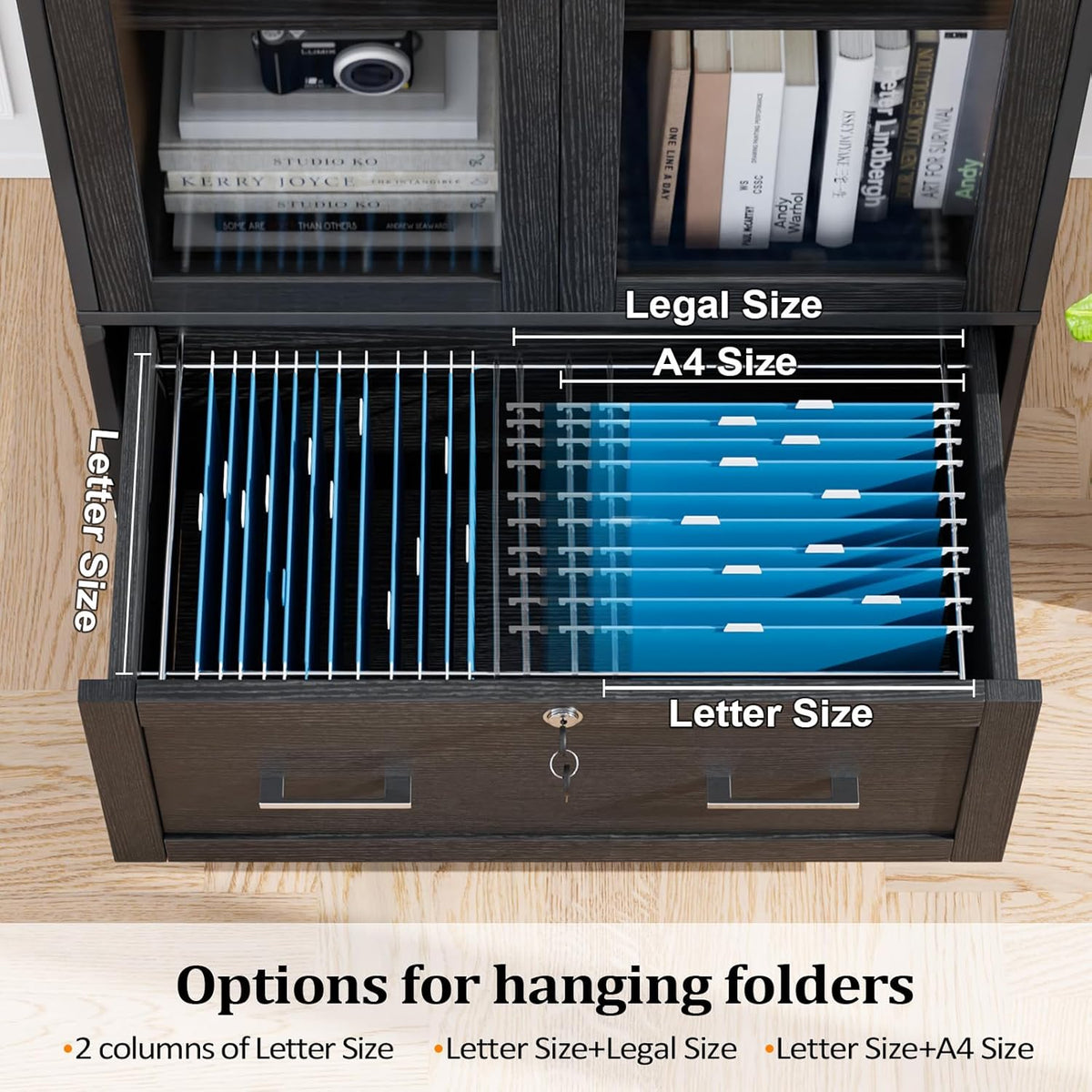 VINGLI Lateral File Cabinet with Glass Doors and Locking Drawer for Hanging File Folders, Bookshelf with Adjustable Shelves for Home Office (Black, 30''W x 16''D x 55''H)