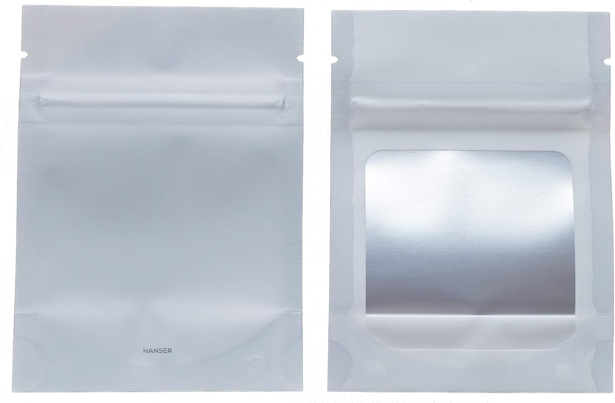 HANSER | Smell Proof Odorless Mylar Resealable Foil Pouch Bags with clear Window | Stand up bottom | Airtight | matte white | 100 Pieces | 3x4 inches