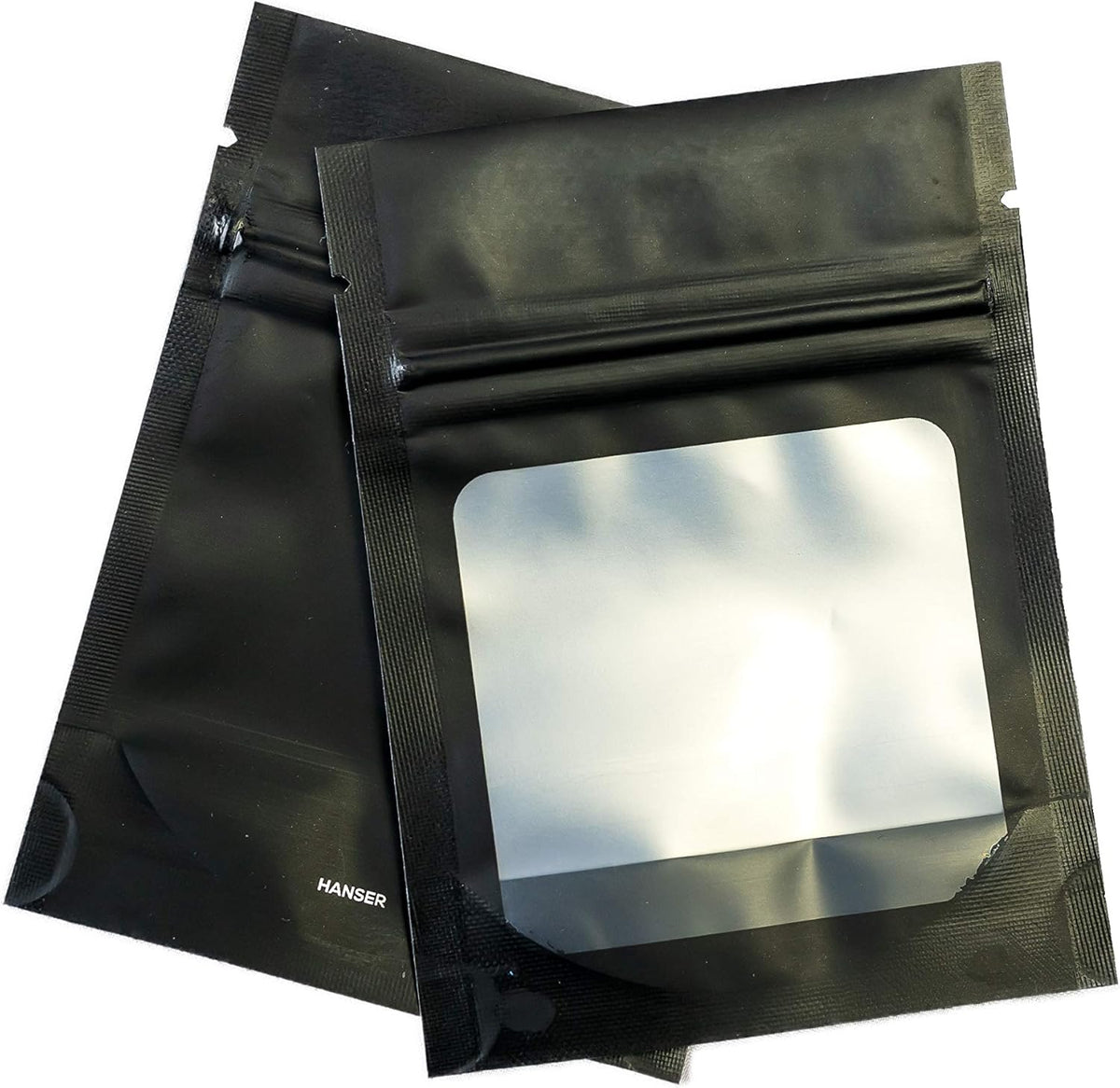 HANSER | Smell Proof Odorless Mylar Resealable Foil Pouch Bags with clear Window | Stand up bottom | Airtight | matte black | 100 Pieces | 3x4 inches