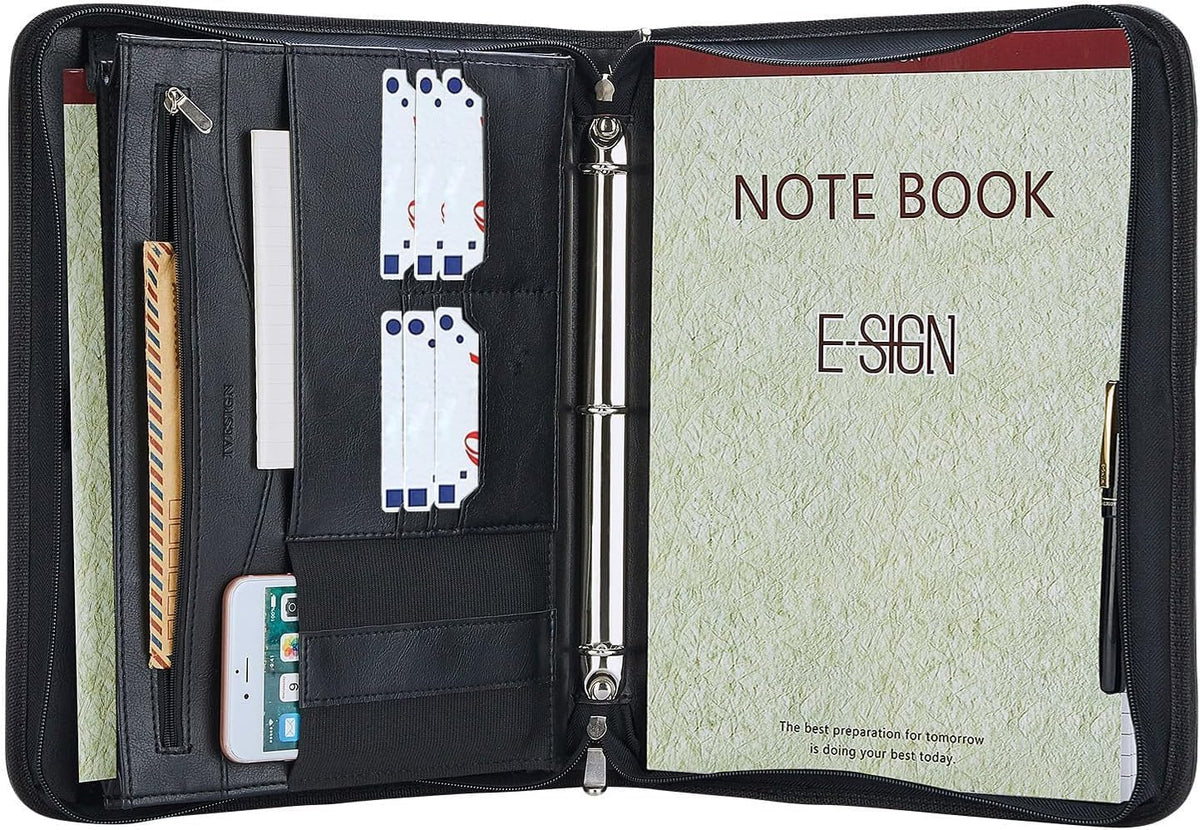 IVESIGN Zippered Padfolio Binder, Faux Leather Organizer with 3-Ring Binder, Left-Handed Design, Business Card Slots & Document Folders - Professional Padfolio for Office (Black)
