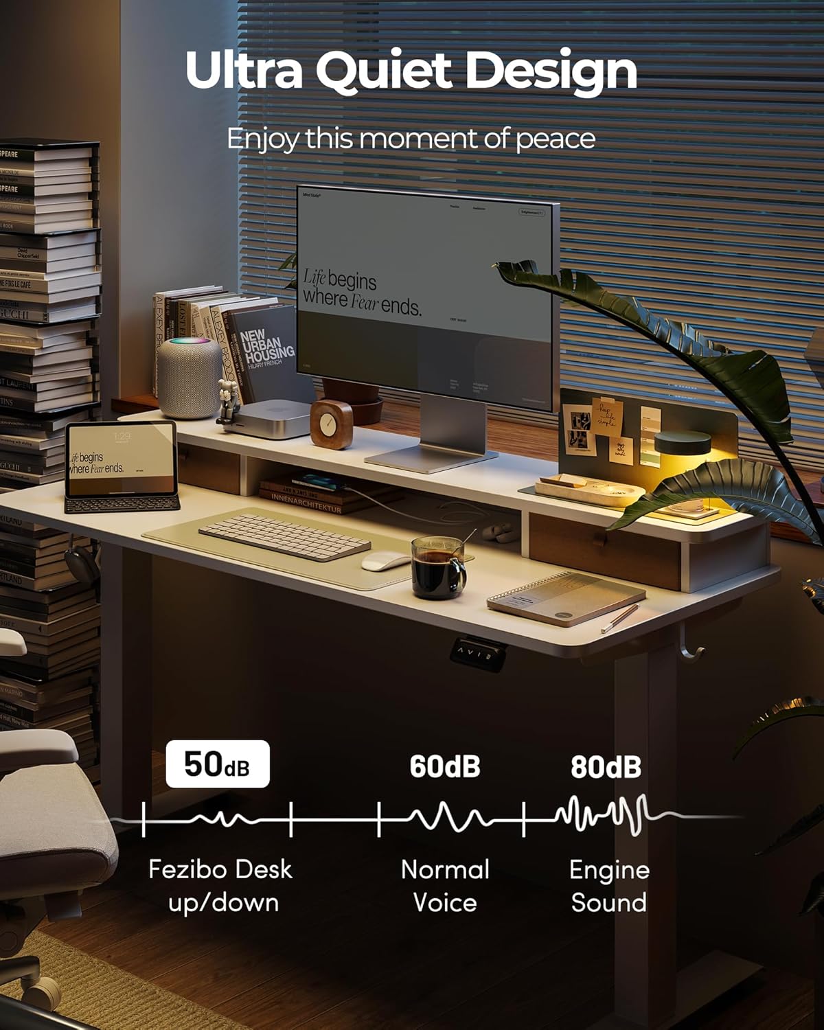FEZIBO 60 x 24 Inch Height Adjustable Electric Standing Desk with Double Drawer, Sit Stand Desk, Home Office Stand Up Table with 4 Height-Adjustable Feets & 2 Hooks, White