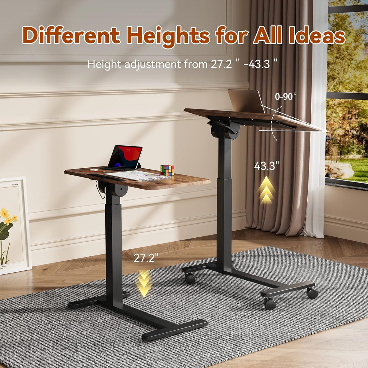 Mobile Standing Desk, Height Adjustable Left/Right Overbed Bedside Table, 90° Tiltable Portable Laptop Desk with Wheels, Foldable Computer Cart for Hospital Home Use, Rustic Brown