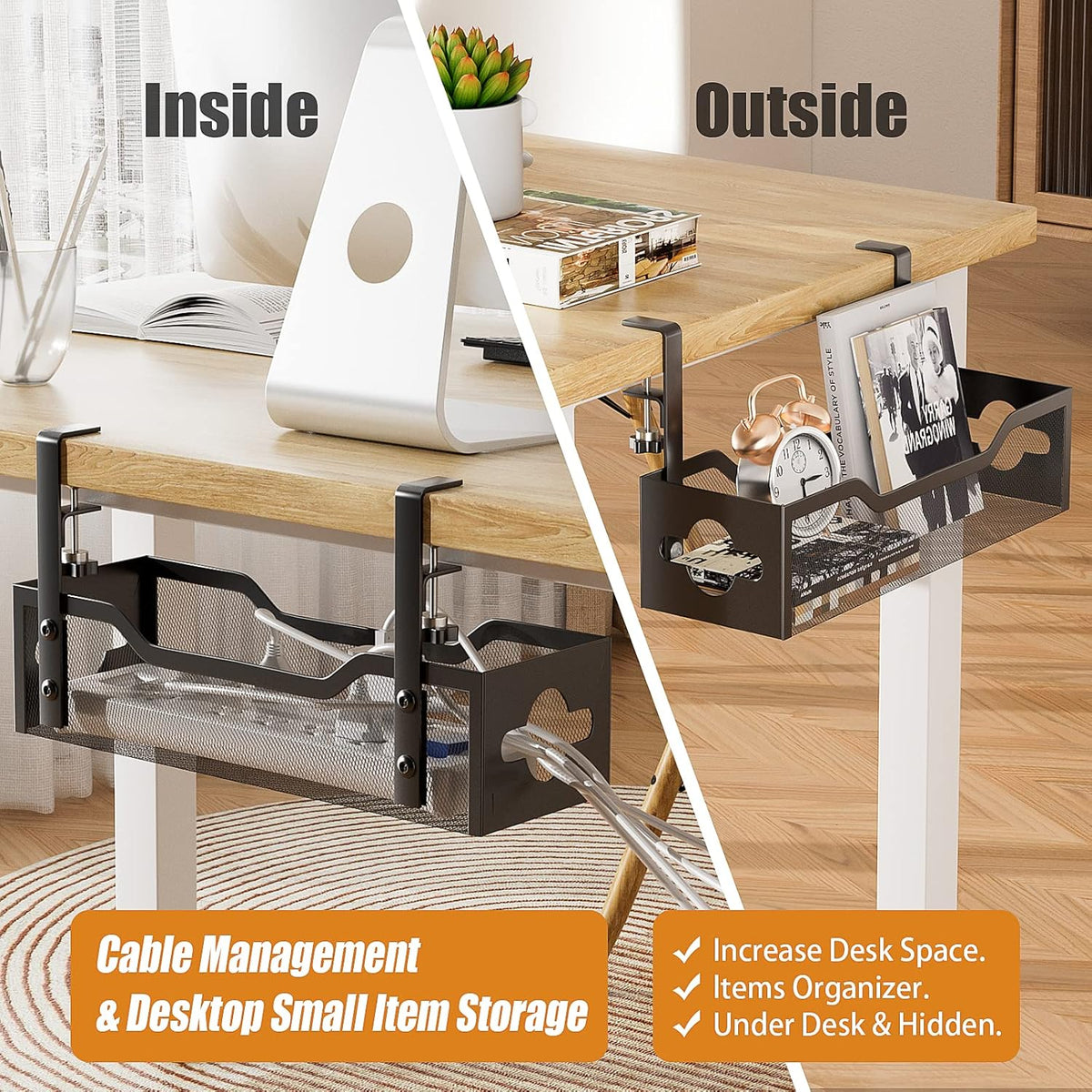 Under Desk Cable Management Tray 13.38", Quszmd Cable Organizer No Drill, Standing Cord Organizer and Wire Management Tray - No Damage to Desk, Black