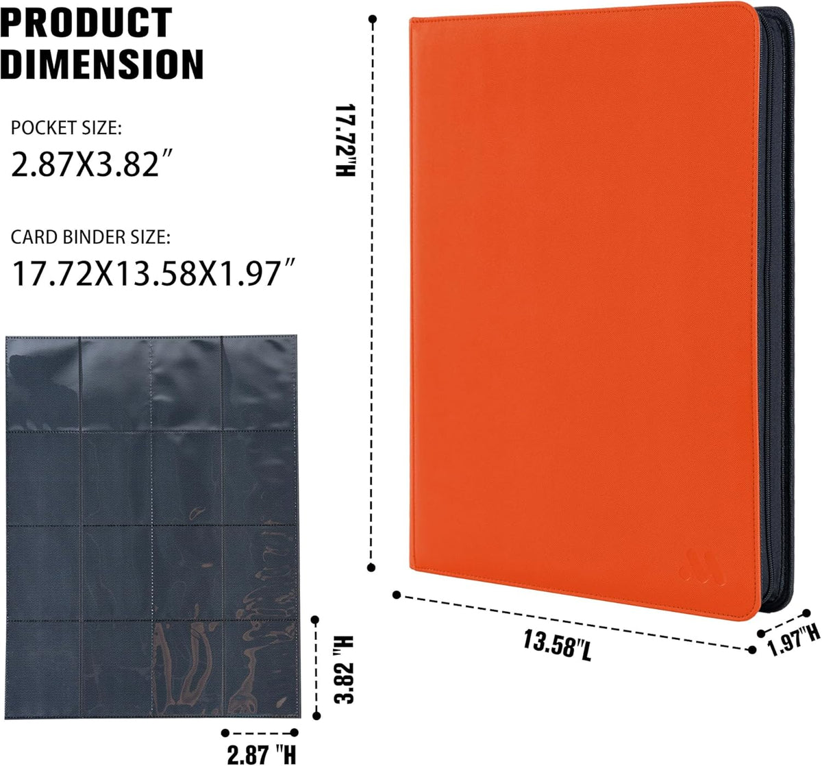 Premium 1000+ Pockets Card Binder,16 Pockets Card Binder Ringless Side Loading Trading Card Album Folder for TCG -Dark Orange