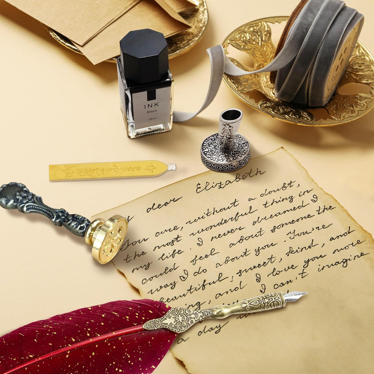 Calligraphy Set - Feather Quill Pen And Ink For Beginners (RedFeather)