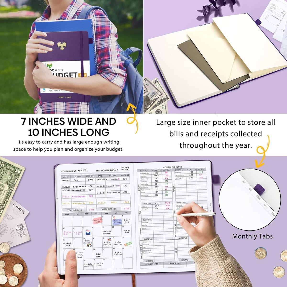 Budget Planner with Monthly Tabs - 7" x 10" Hardcover Budget Book, Monthly Bill Organizer with Pockets, Undated Finance Planner with Expense Tracker Notebook to Take Control Your Money-Purple