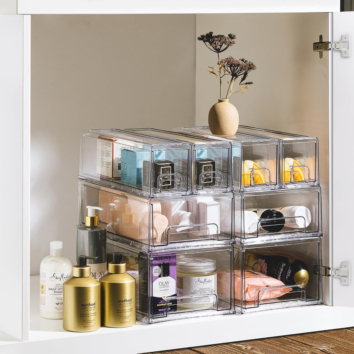 Sorbus 1 Medium & 2 Small Clear Stackable Storage Drawers – Plastic Organizer Bins with Handles – Stackable Pull-Out Storage Drawers for Closet, Pantry, Office, Bathroom, Craft, and Toy Organization