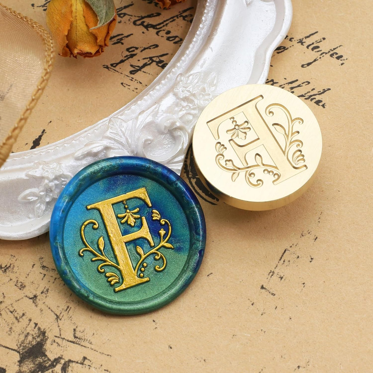 SWANGSA Initial Alphabet F Wax Seal Stamp Kit, Classic Retro Letter Sealing Stamp with 200pcs Sealing Wax Beads Kit for Wedding Invitations Cards Envelopes (F)