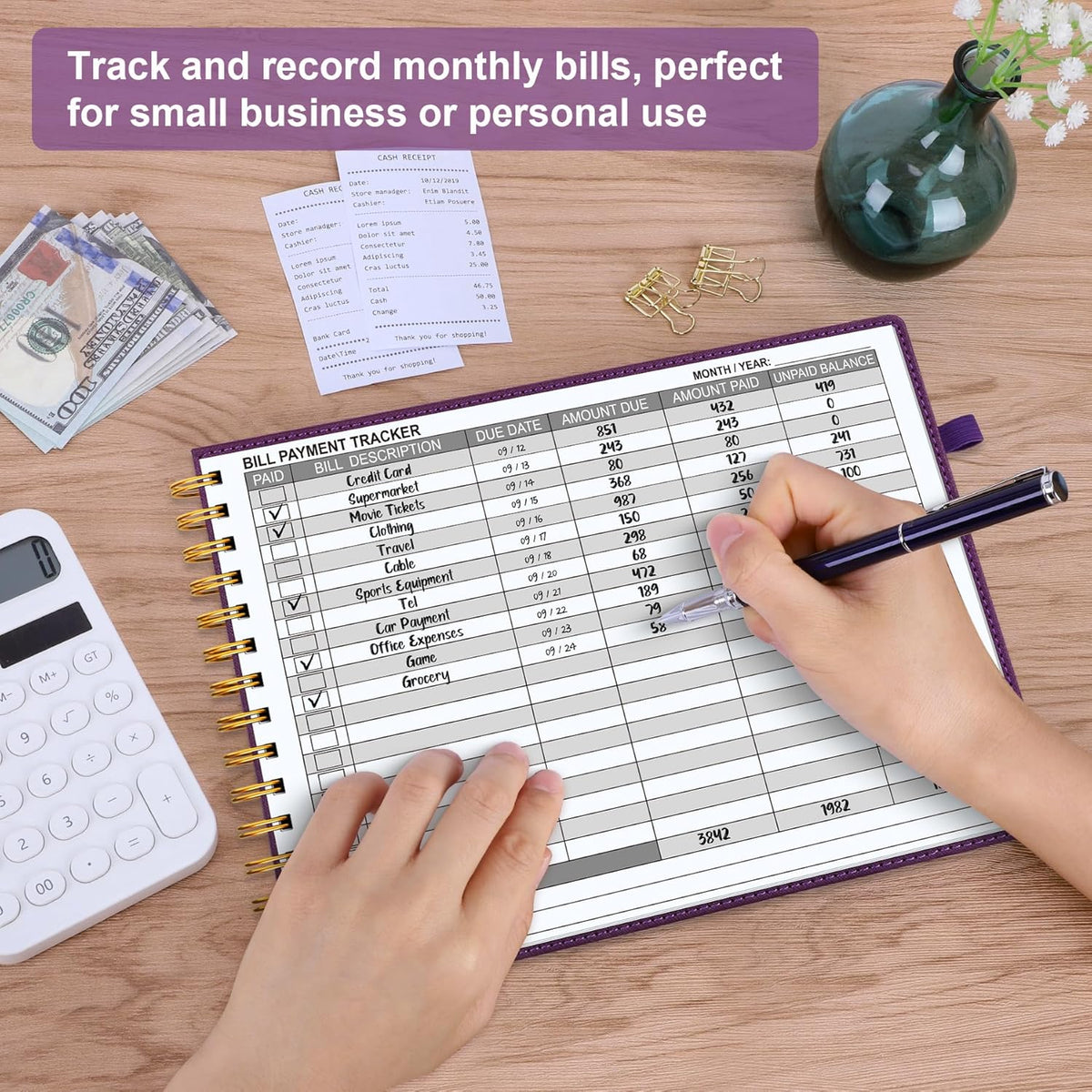 HAUTOCO Hardcover Bill Tracker Notebook Horizontal Monthly Bill Payment Organizer for Personal Budgeting Home Finance with 2 Storage Pocket Expense Checklist Tracking Planner 10.78 x 8'', Deep Purple