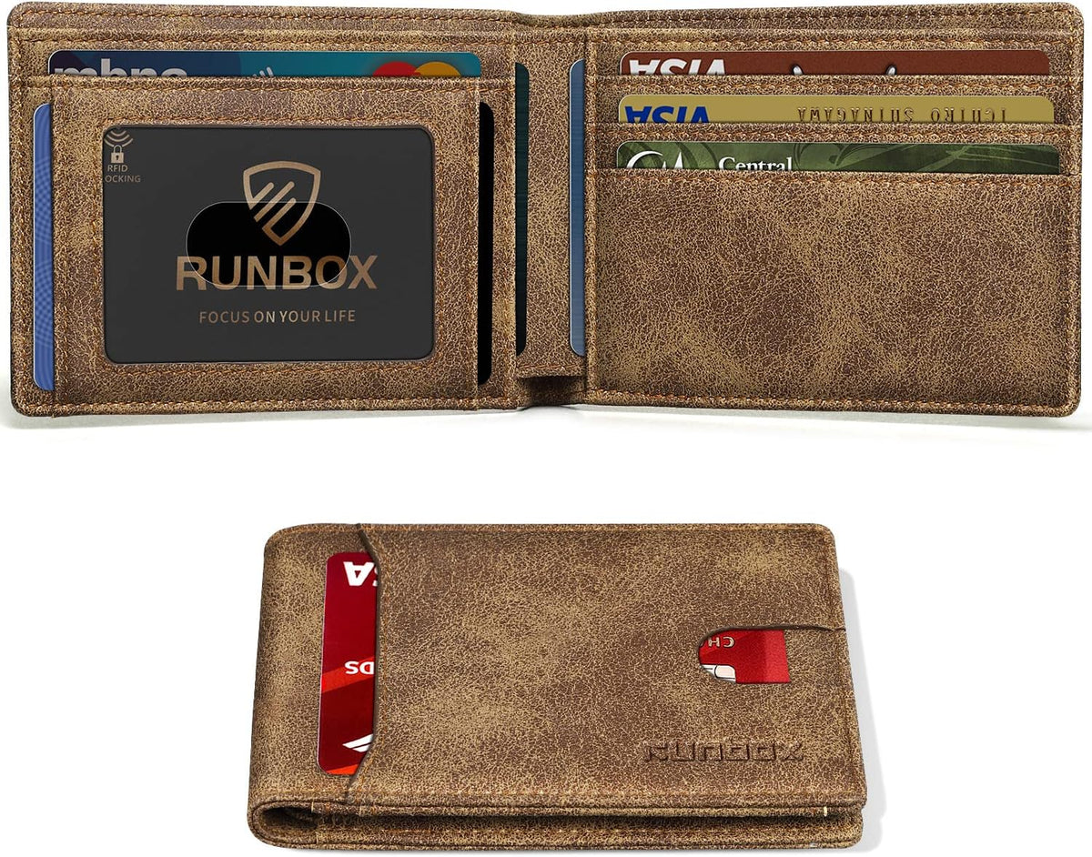 RUNBOX Novelty Wallet for Men Slim 11 Credit Card Holder Slots Leather RFID Blocking Small Thin Men's Wallet Bifold Minimalist Front Pocket Large Capacity Gift Box