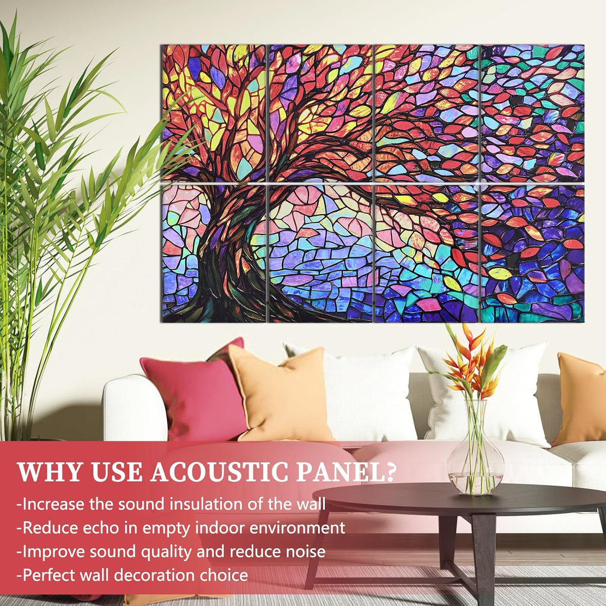 Art Acoustic Panels Sound Absorbing, 8 Pack 48"X32" Self Adhesive Sound Dampening Soundproof Wall Panels, Acoustic Treatment Modern Ready to Hang Decor for Studio, Home (Tree of Life)