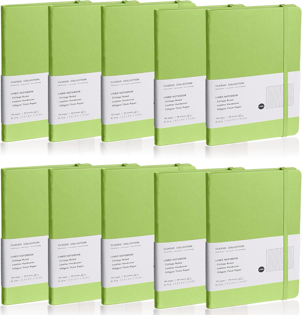 Lined Journal Notebook, 10Pack(Grass Green), 160 Pages, Medium 5.7 inches x 8 inches - 100 gsm Thick Paper, Hardcover
