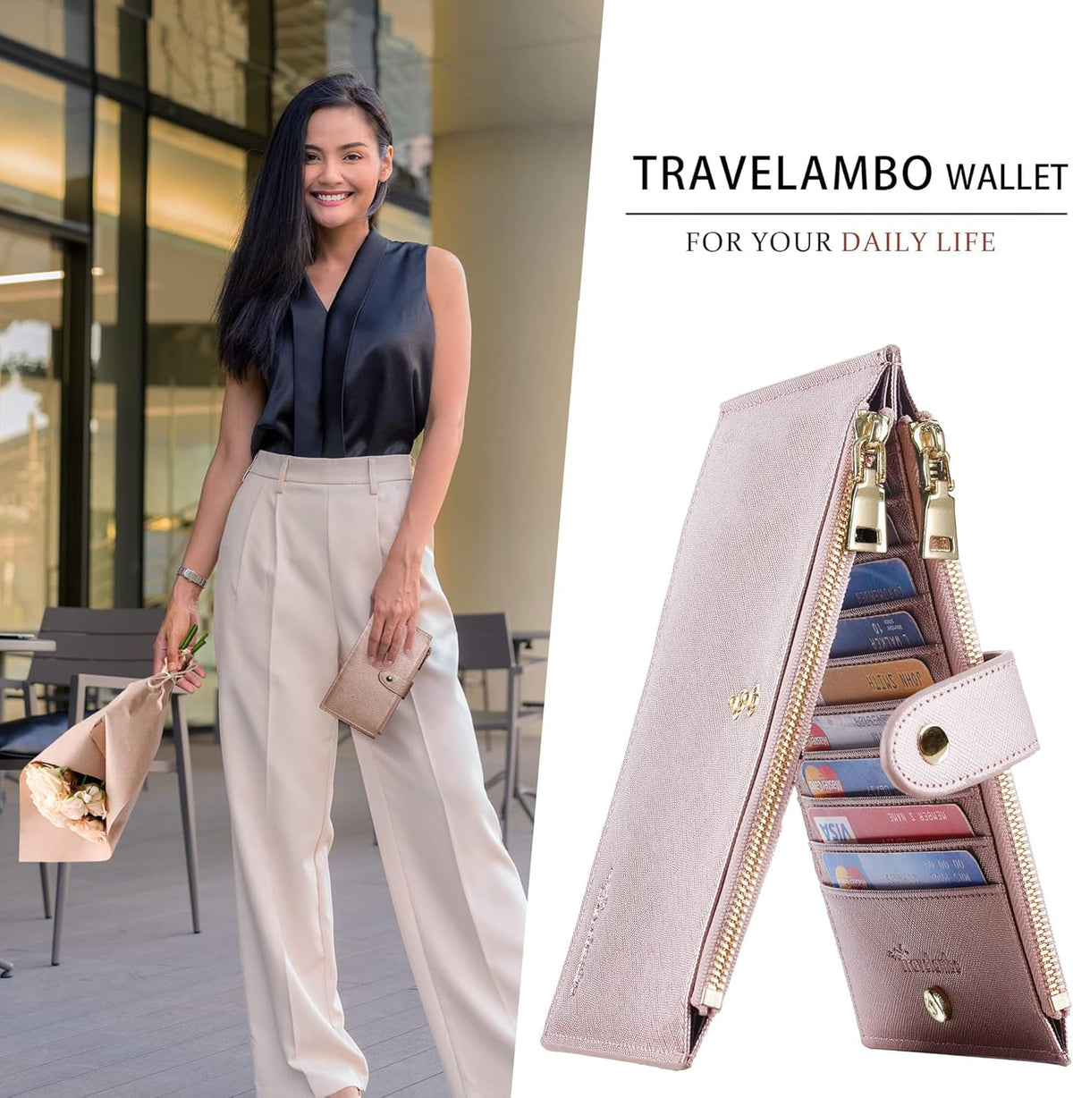 Travelambo RFID Wallet Women Large Size Bifold Multi Card Wallet Case with Zipper Pocke Credit Card Holder for Women