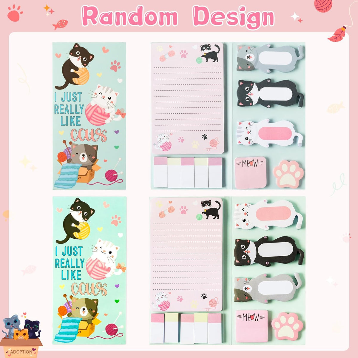 Xqumoi I Just Really Like Cat Sticky Notes Set, 550 Sheets, Cute Cat and Paw Shaped Self-Stick Notes Pads Animal Divider Tabs Bundle Writing Memo Pads Back to School Office Supplies Small Gift