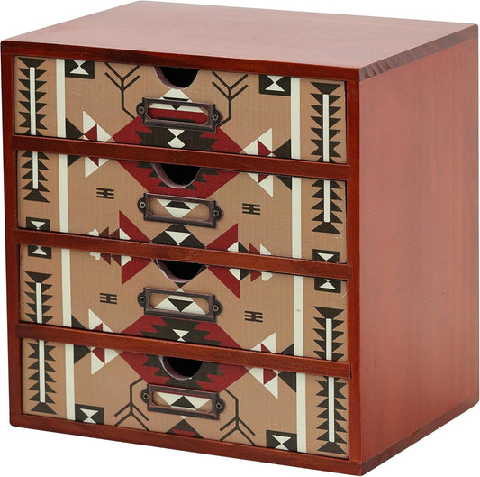 Boho Navajo Wooden Desk Organizer with Drawers – 4-Drawer Desktop Storage Box – Rustic Tribal Wood Desk Organizer for Office, Vanity, or Craft Supplies – Compact & Stylish Wooden Storage Drawers