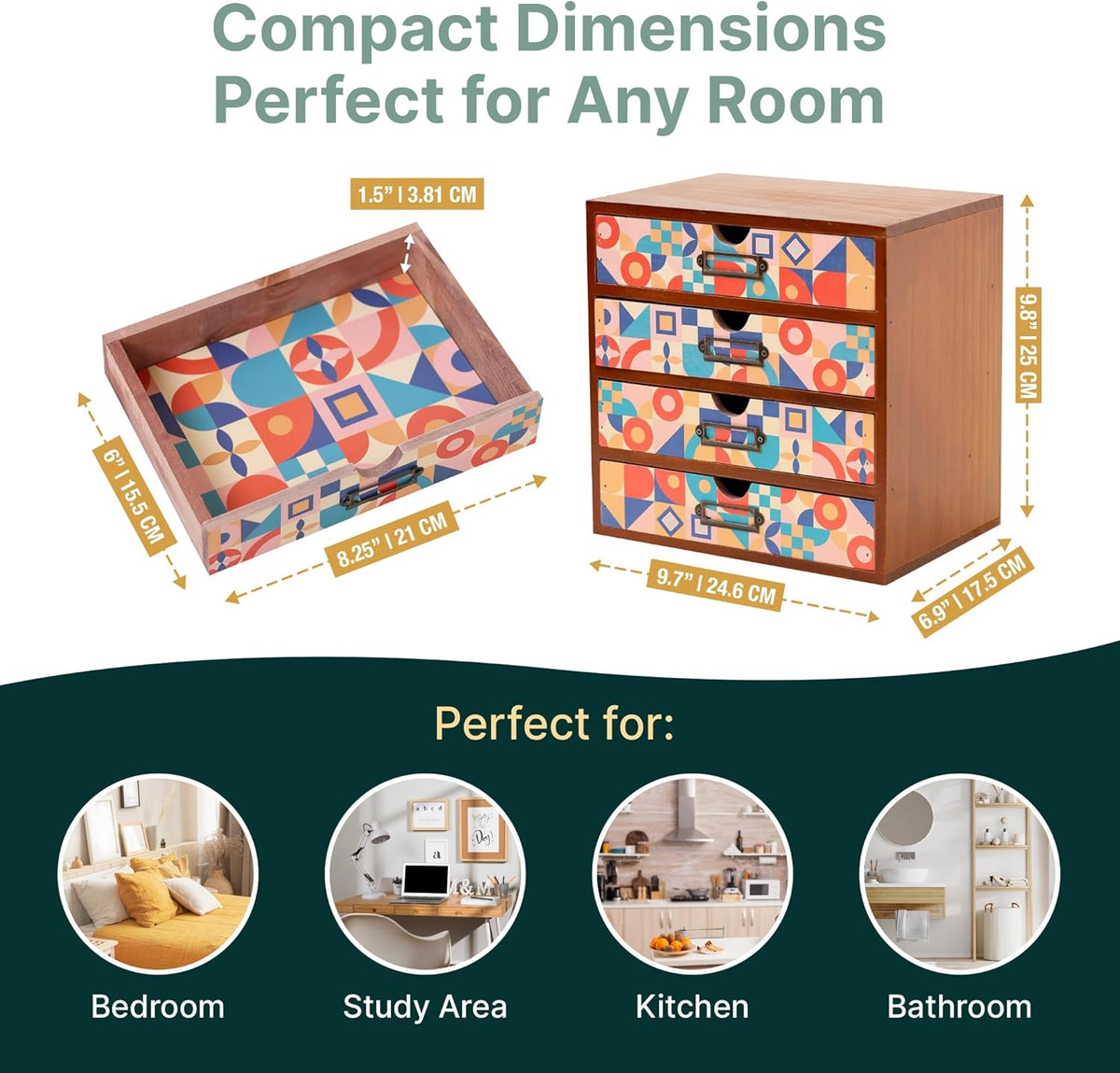 Add Color To Your Desk - MCM Geometric Wooden Desk Organizer - Desktop Storage with 4-Drawer - Wood Cabinet for Office Supplies, Craft Tools, & Home, Countertop, Tabletop Organization