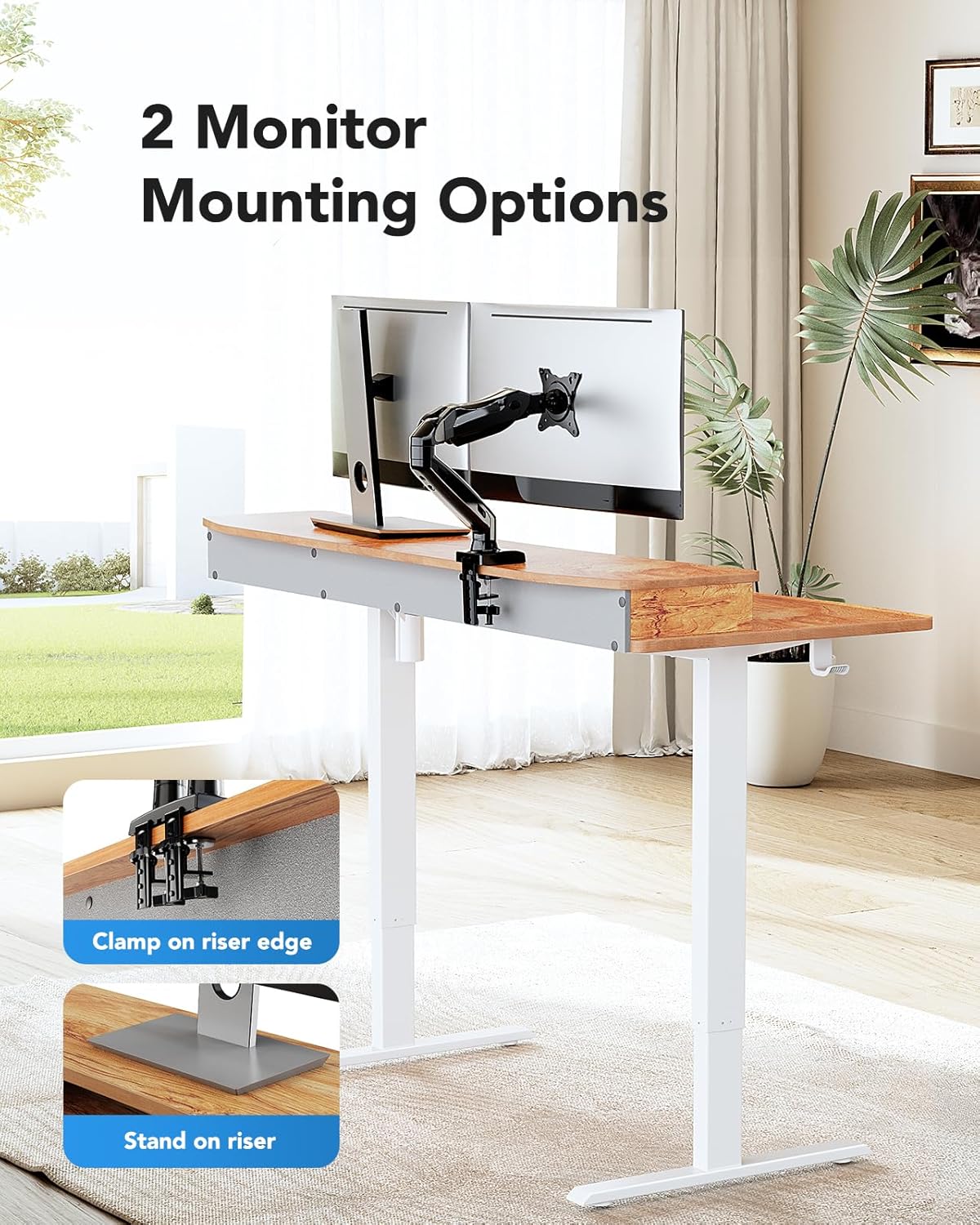 HUANUO 60″ x 30″ Electric Standing Desk with 2 Drawers, C-Clamp Mount Compatible, Height Adjustable, Home Office Stand Up Computer Desk with 4 Preset Heights & 2 Hooks, Light Vintage